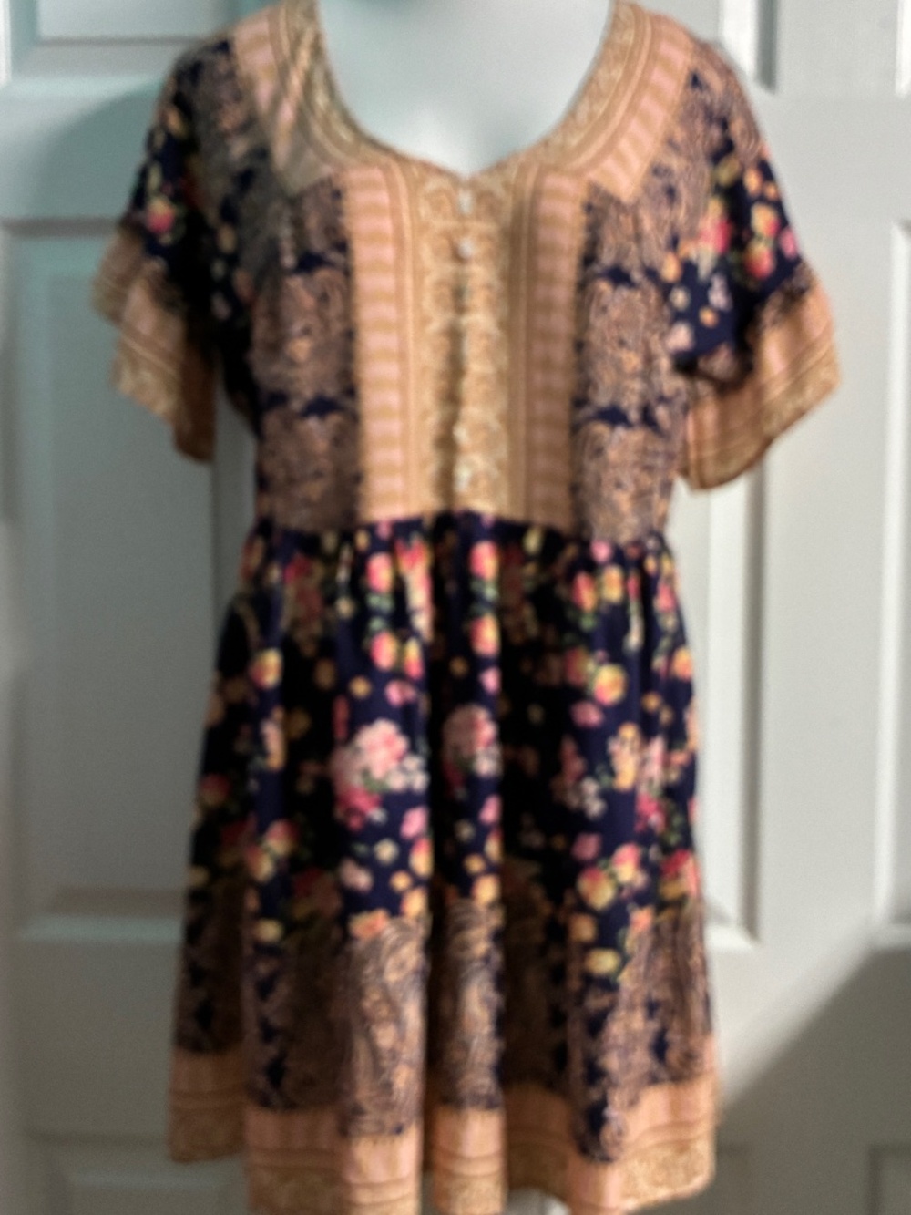 UMGEE Paisley Floral Navy Pink Gold FlutterSleeve Boho Cottagecore Tunic Dress L